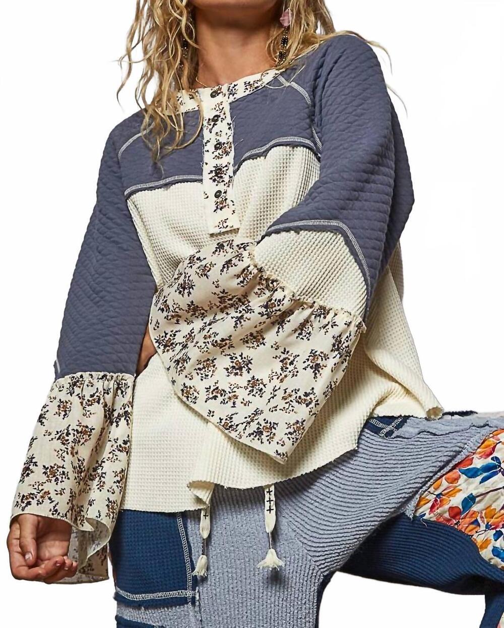 NEW POL patchwork ruffle sleeve top in blue